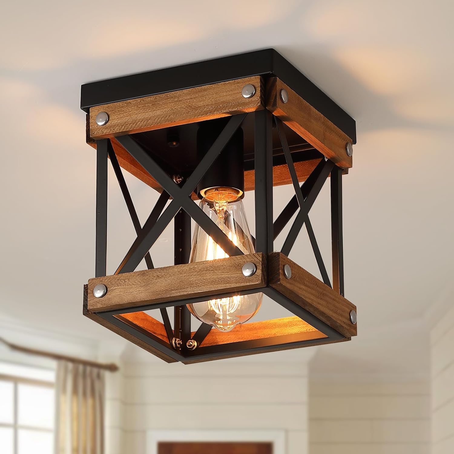 Rustic Farmhouse Wood Flush Mount Ceiling Light Fixture for Home
