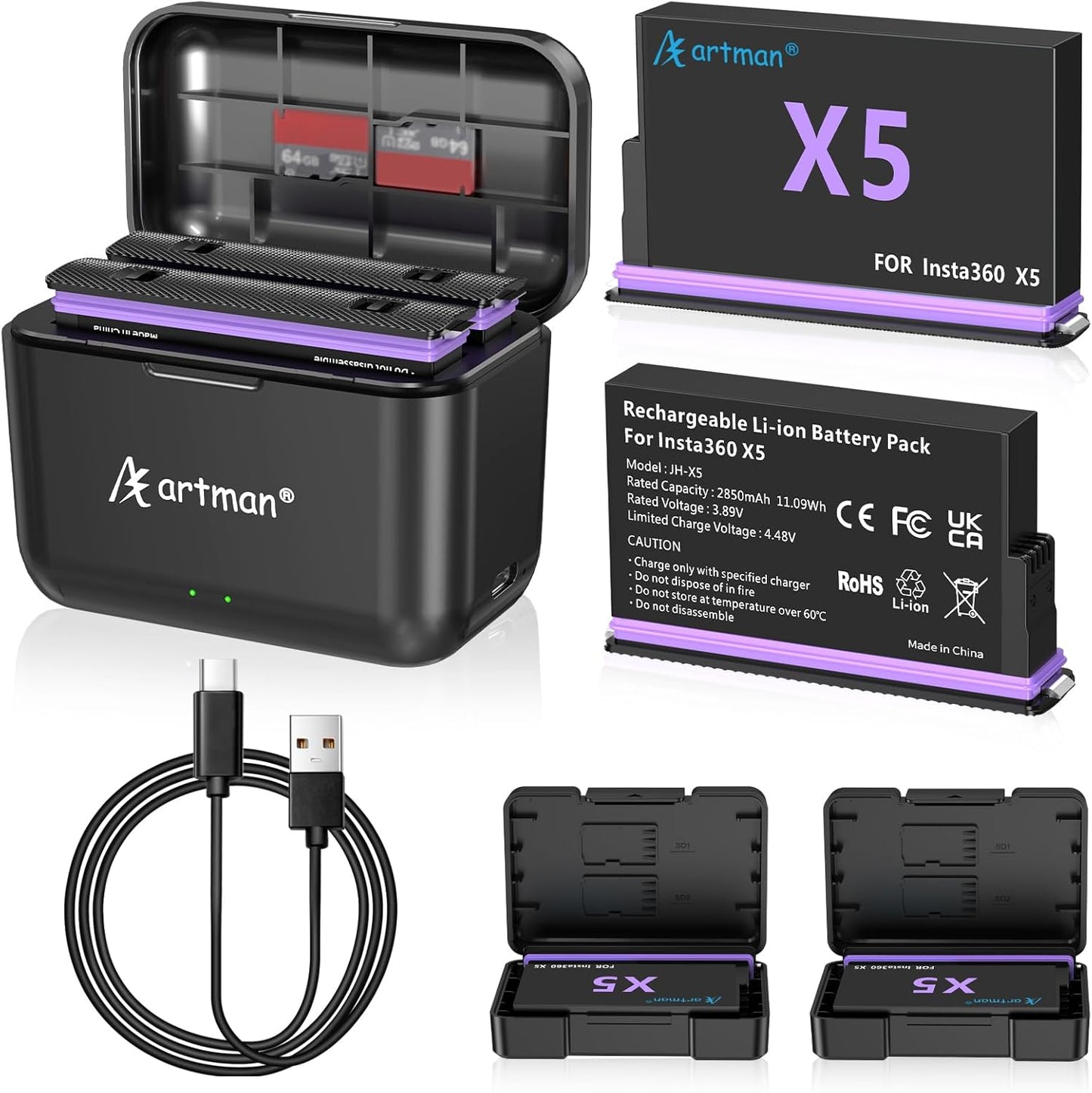 Insta 360 X5 Battery Pack with Fast Charger for Action Camera