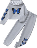 Girls' Butterfly Print Crop Top Hoodie & Jogger Set - Cozy Tracksuit