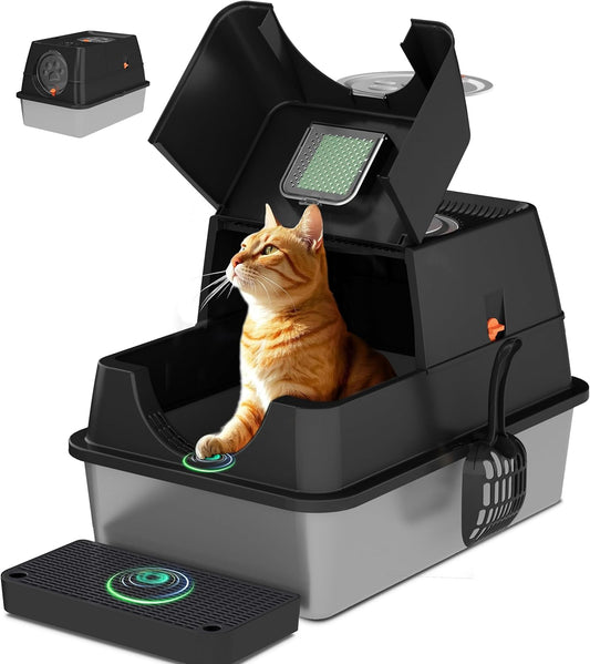 XL Stainless Steel Enclosed Cat Litter Box with Lid for Odor Control