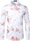 ZEROYAA Mens Hipster 3D Golden Rose Floral Slim Fit Shirt Button-Down