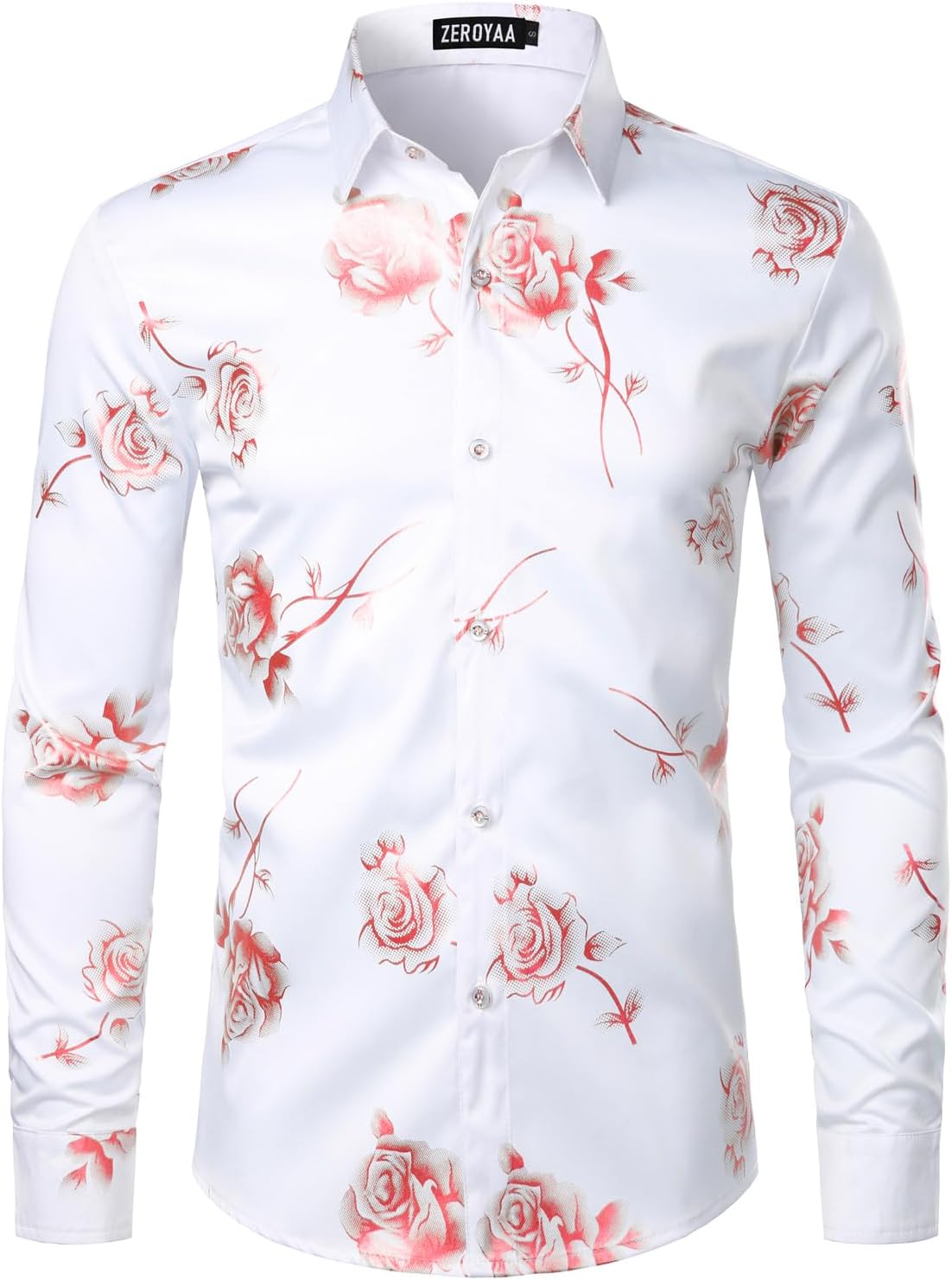 ZEROYAA Mens Hipster 3D Golden Rose Floral Printed Dress Shirt