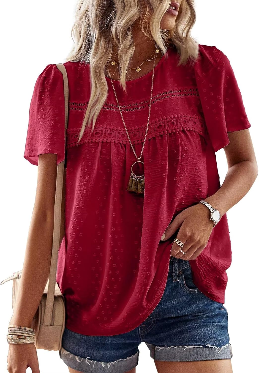 Womens Summer Tops Crewneck Short Sleeve Casual Chiffon Blouses