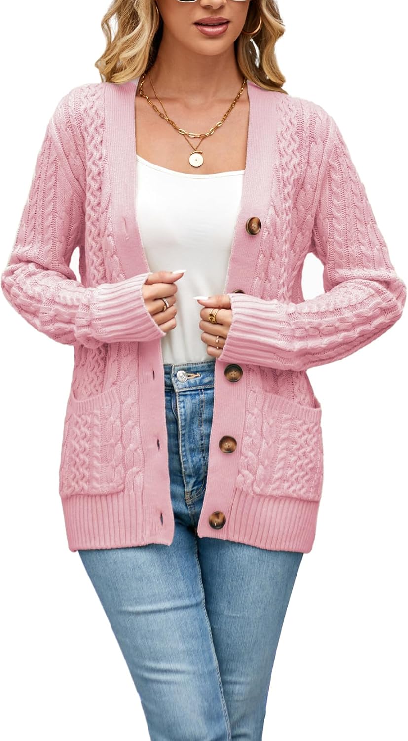 Womens Cardigan Sweaters Cable Knit Open Front with Pockets