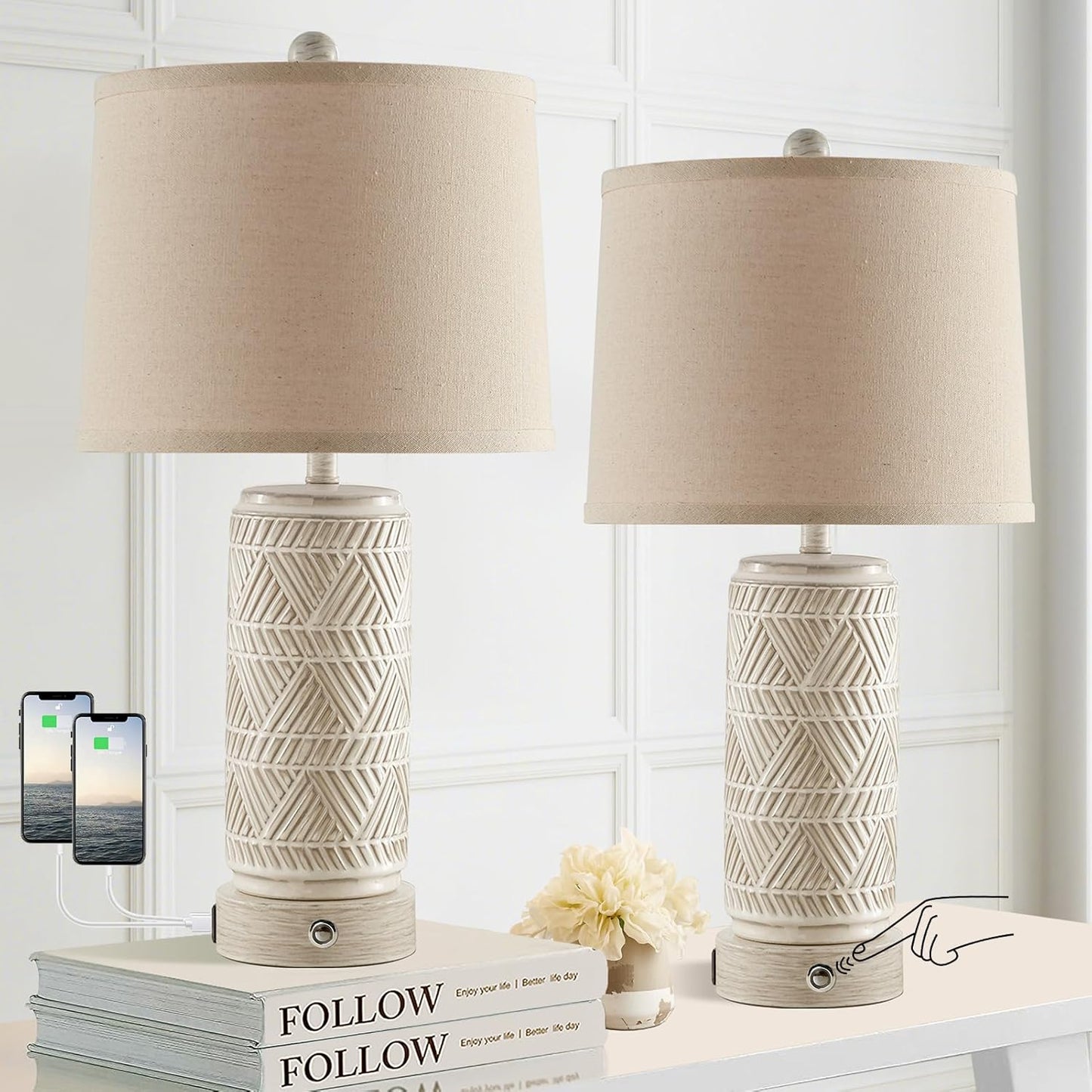 Rustic Touch Ceramic Table Lamps with USB Charging Ports