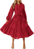 Womens Long Sleeve Tiered Midi Dress - Flowy V Neck Tie Waist
