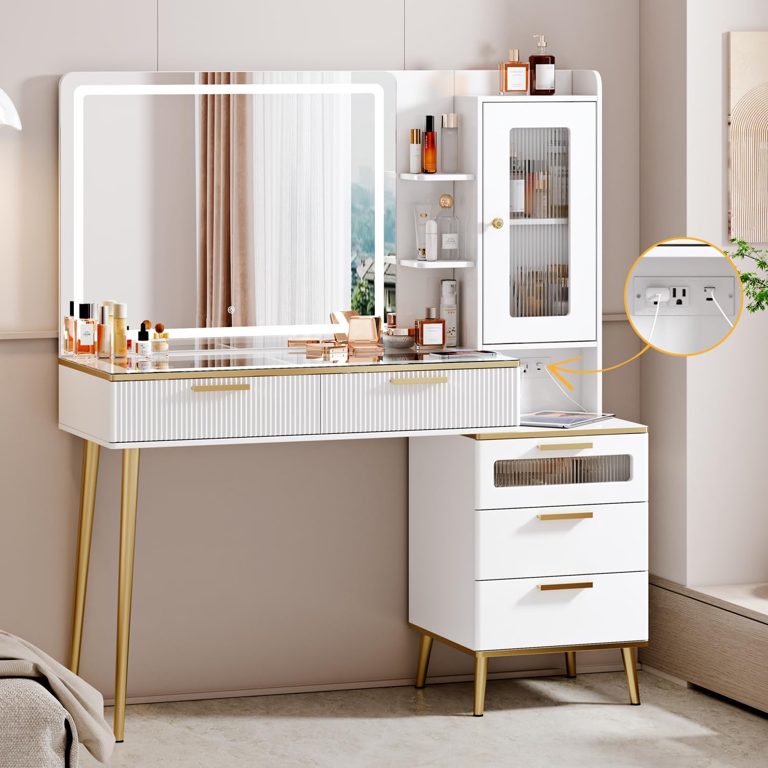 47.24in Big Modern Vanity Desk with Mirror and Lights for Makeup