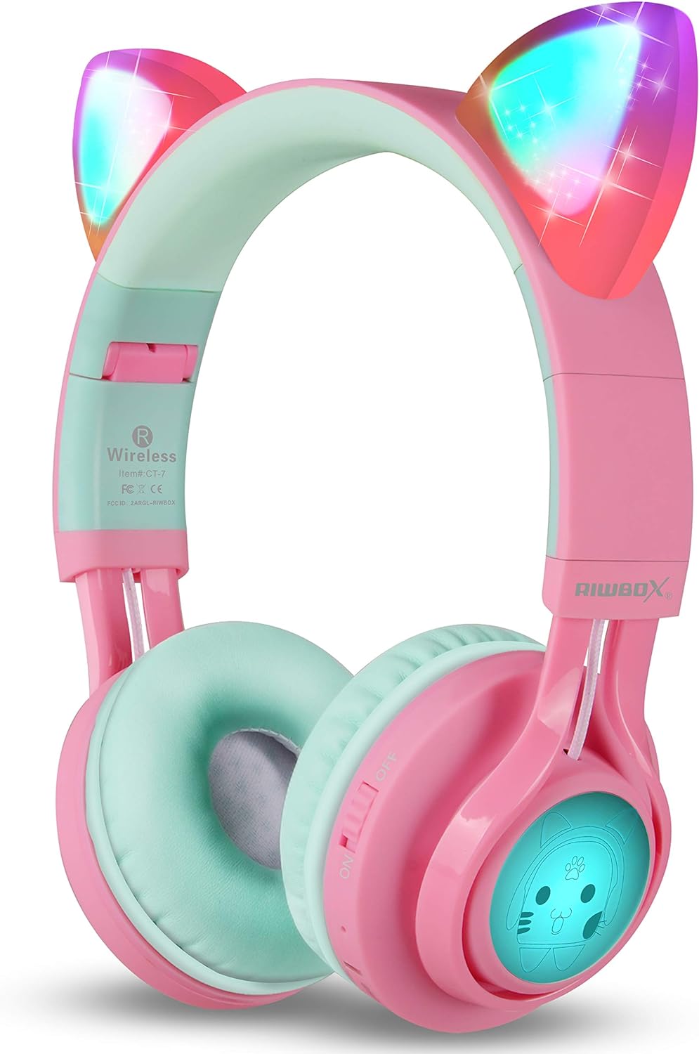 Riwbox Cat Ear Bluetooth Headphones: Wireless, LED, Mic