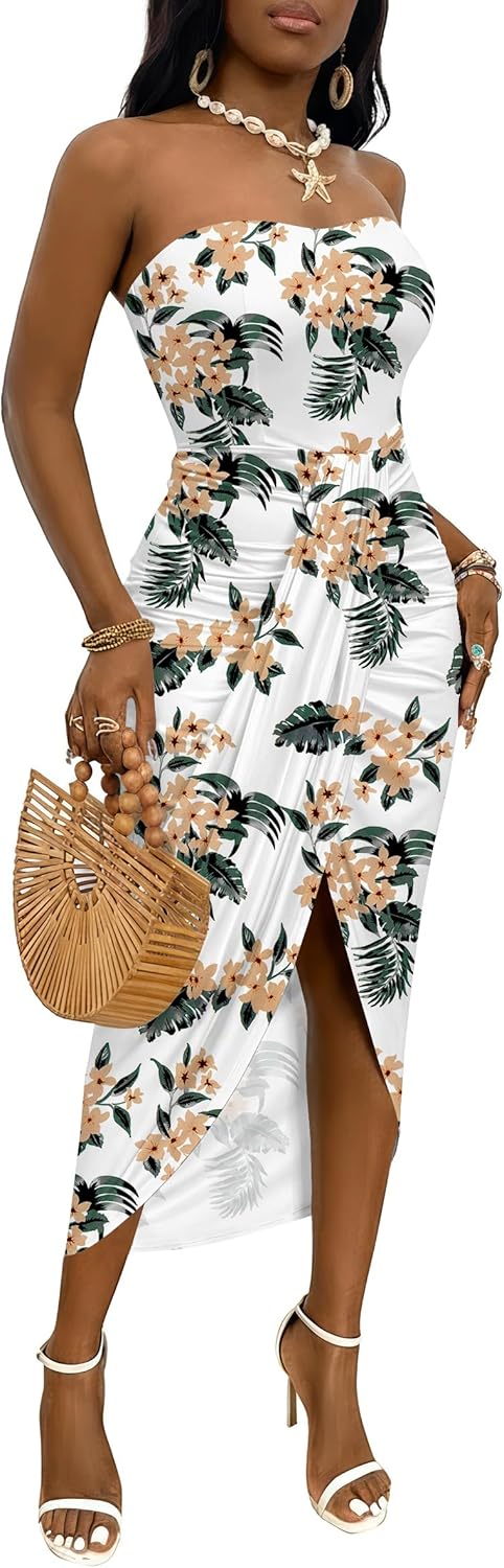 Umenlele Women's Strapless Ruched High Waist Beach Maxi Dress