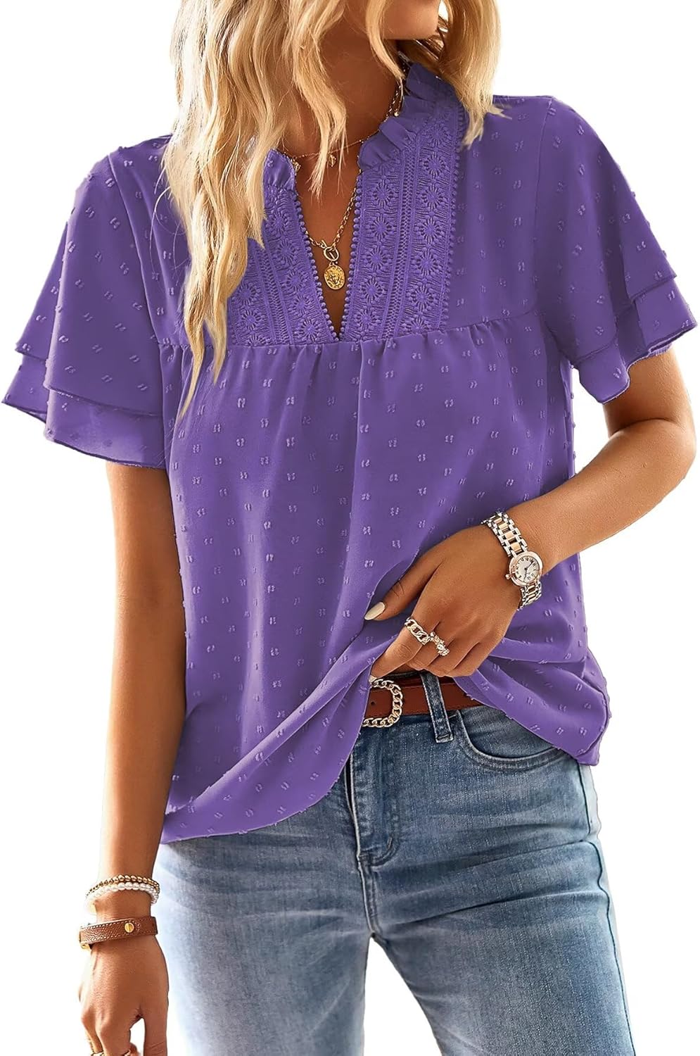 Womens Tops Butterfly Sleeve V Neck Blouses for Dressy Casual