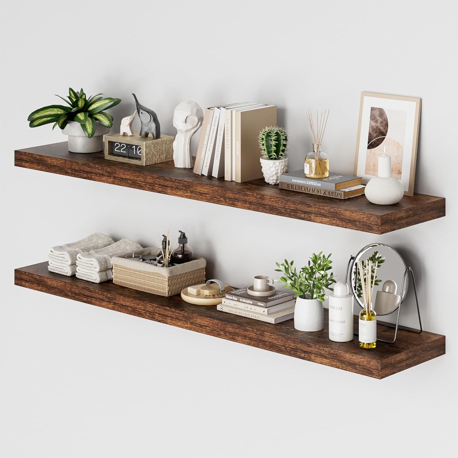 12 Inch Deep Floating Shelves for Wall - Rustic Brown Set of 2