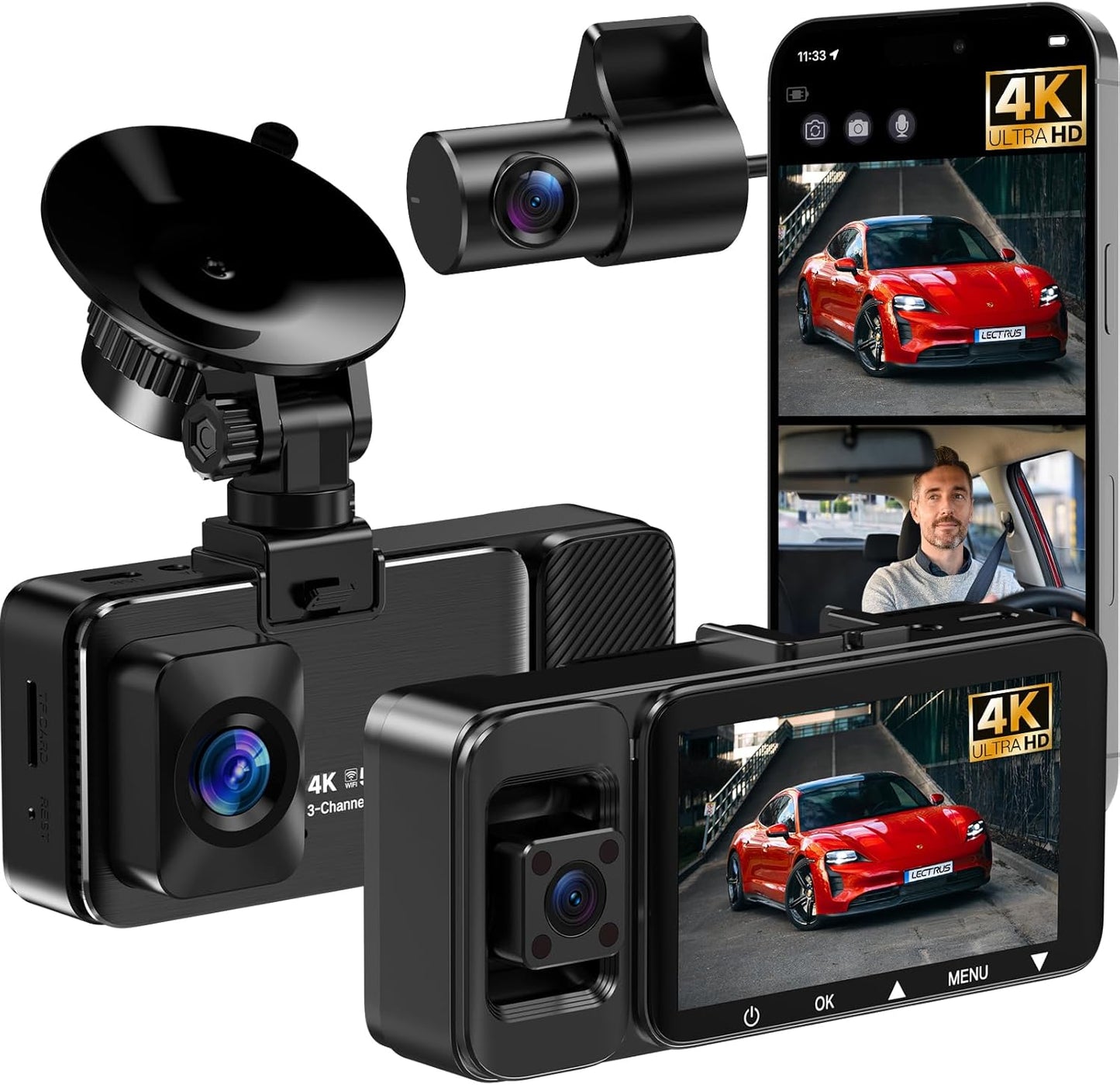 LECTRUS 4K 3-Ch Dash Cam Set: WiFi, Night Vision, 64GB Card!
