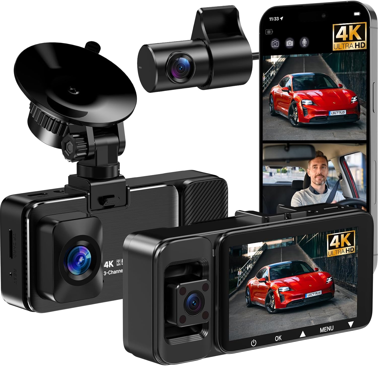 LECTRUS 4K 3-Ch Dash Cam Set: WiFi, Night Vision, 64GB Card!