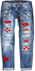 Womens Plaid Patch Ripped Boyfriend Distressed Skinny Jeans - Stretch