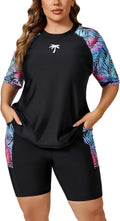 Halcurt Women's Plus Built in Bra Rash Guard Two Piece Swim Set Sleeve