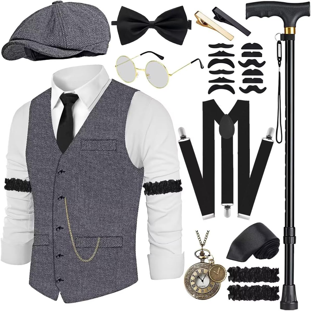 1920s Mens Costume Set with Vest, Suspenders, and Accessories