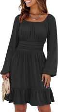Long Lantern Sleeve Square Neck A-Line Dress - Flowy Fall Style Fit