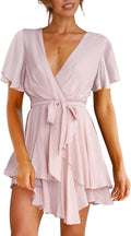 Women's Deep V-Neck Long Sleeve Ruffle Mini Dress - Flowy Fit