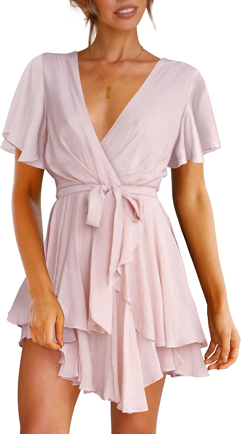 Cosonsen Women's Dress Deep V-Neck Long Sleeve Ruffle Mini