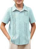 Boys Guayabera Short Sleeve Cotton Linen Shirt - Lightweight Summer