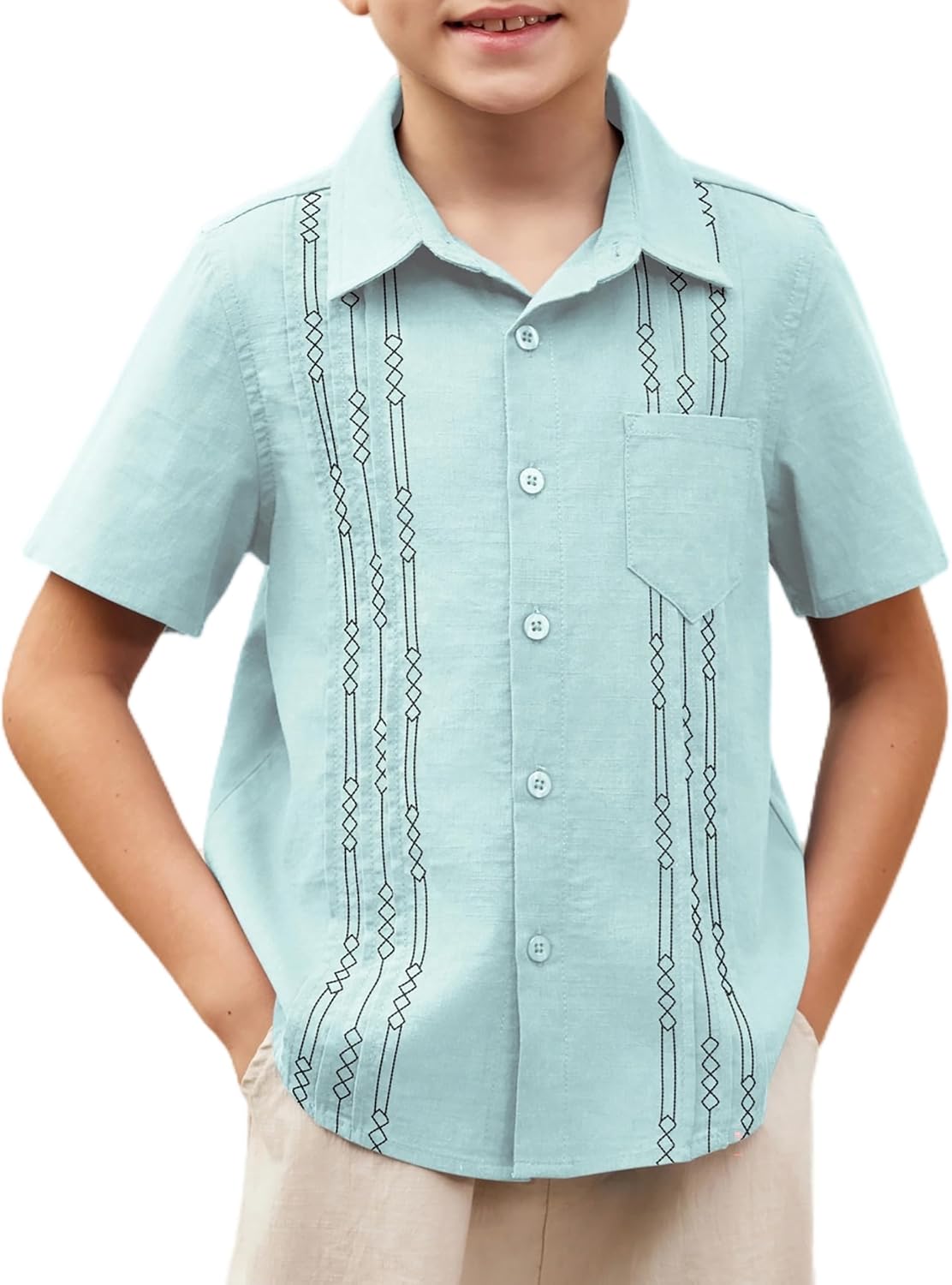 Boys Guayabera Shirt Short Sleeve Cotton Linen Beach Tops