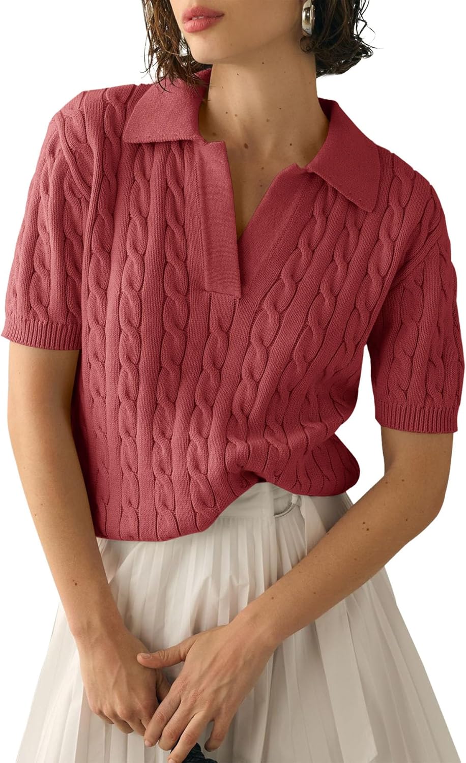 Imily Bela Women's Cable Short Sleeve Sweater Tops for Casual Wear