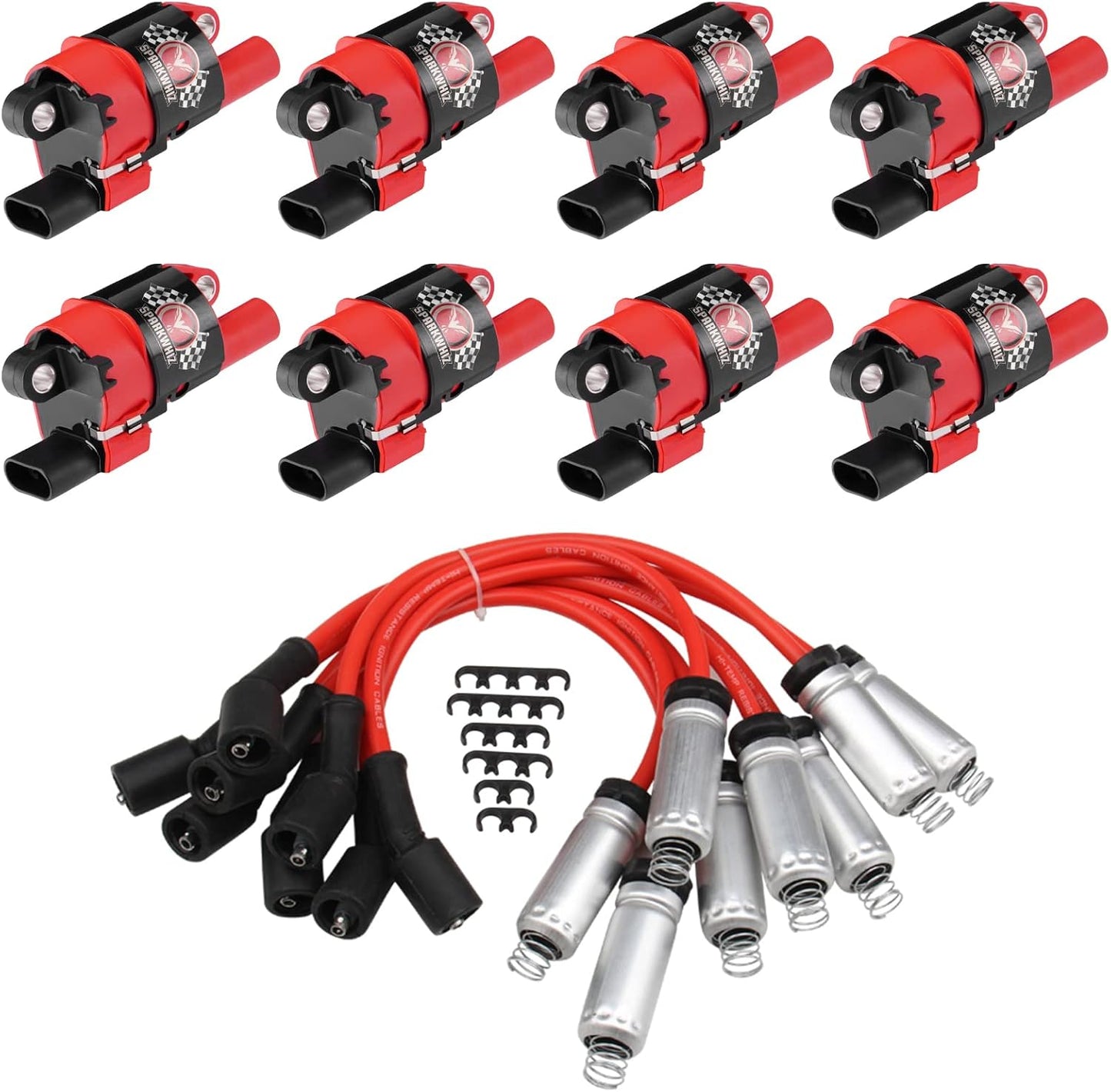 Set of 8 Round Ignition Coil UF414 and Spark Plug Wire Set
