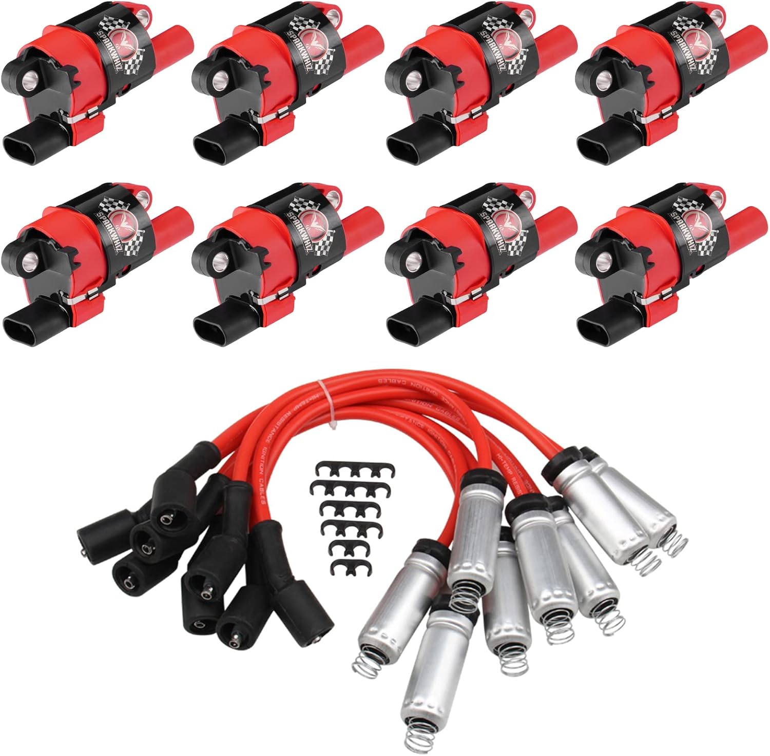 Set of 8 Round Ignition Coil UF414 and Spark Plug Wire Set