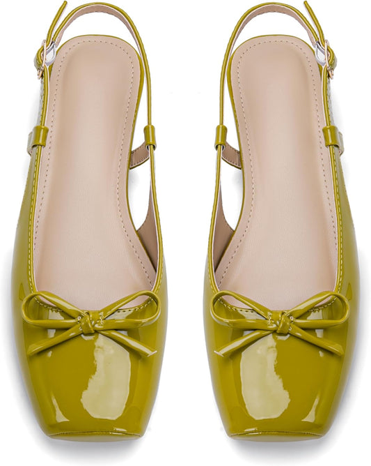 Women's Ballet Flats Slingbacks with Square Toe and Bow Design