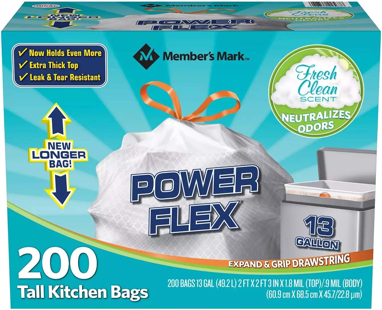 Member's Mark Power Flex Tall Kitchen Drawstring Trash Bags