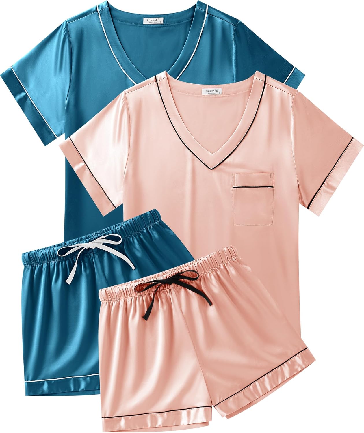 Ekouaer 2 Pack Silk Pajamas for Women Soft V Neck Sleepwear