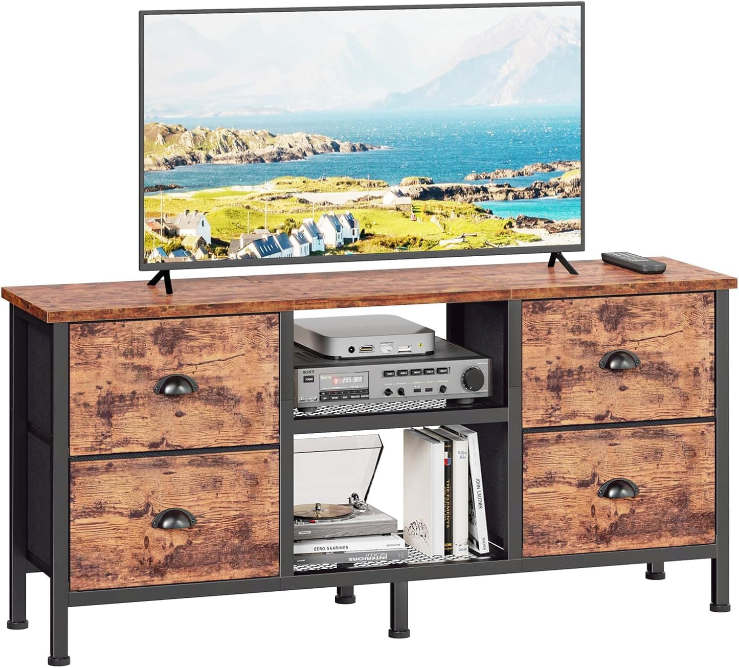 Rustic TV Stand with 4 Drawers: Organize Stylishly!
