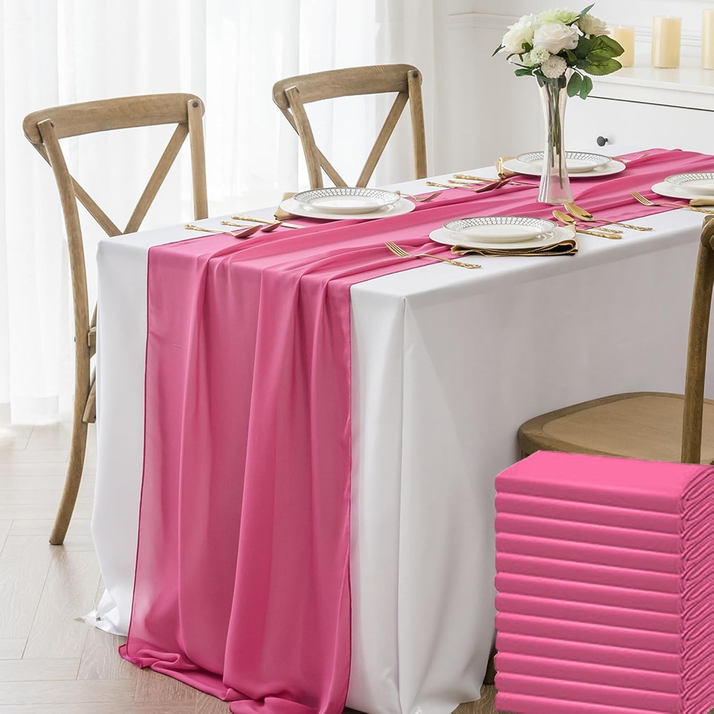 12 Pack Fuchsia Chiffon Table Runners for Elegant Events
