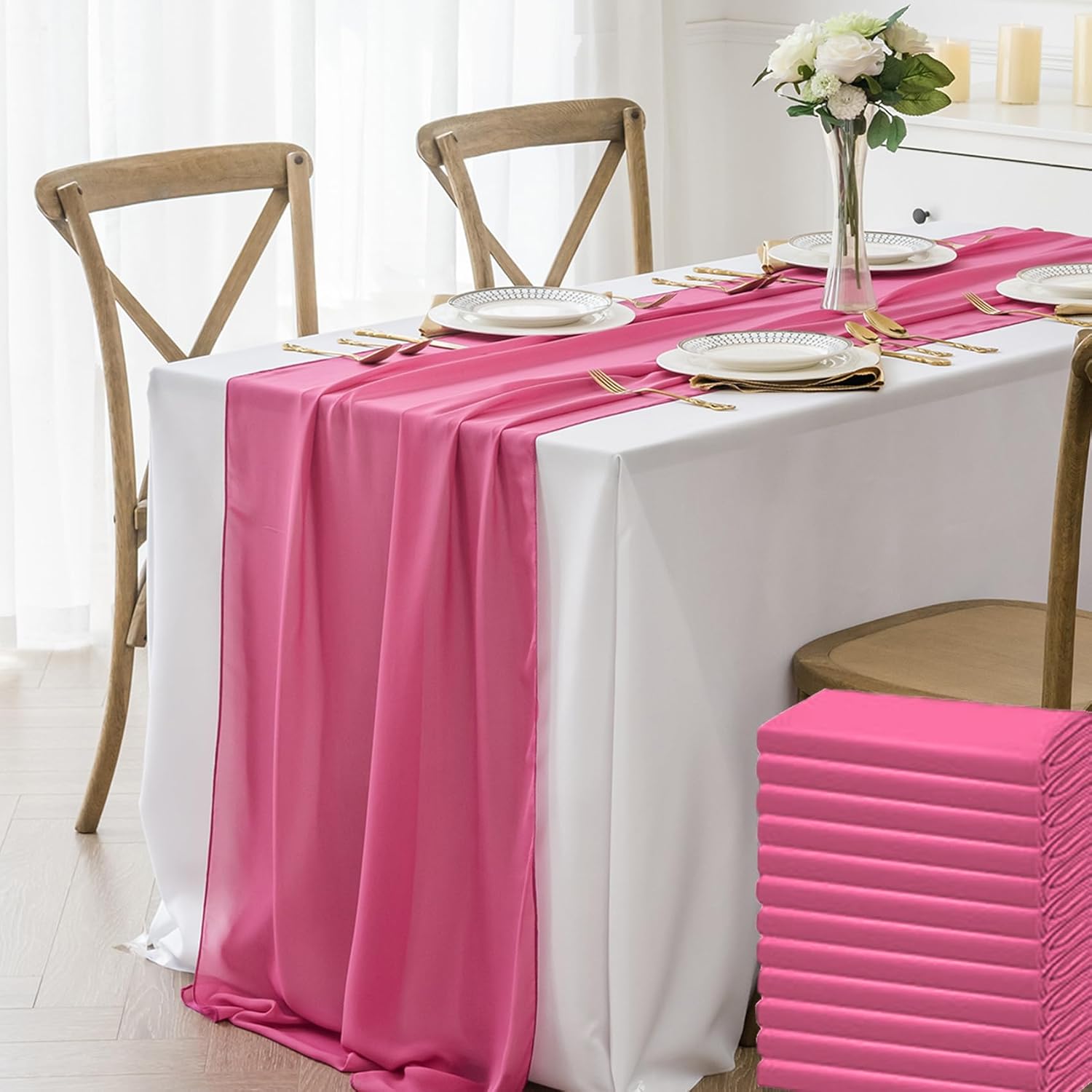12 Pack Fuchsia Chiffon Table Runners for Elegant Events
