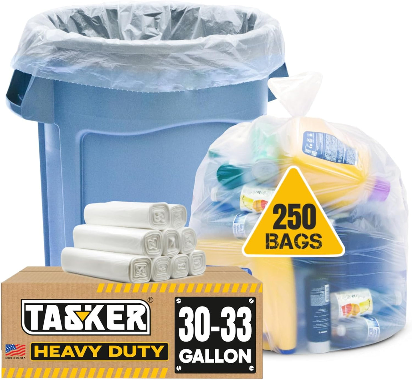 Tasker 30-33 Gallon Clear Trash Bags for Heavy Duty Use