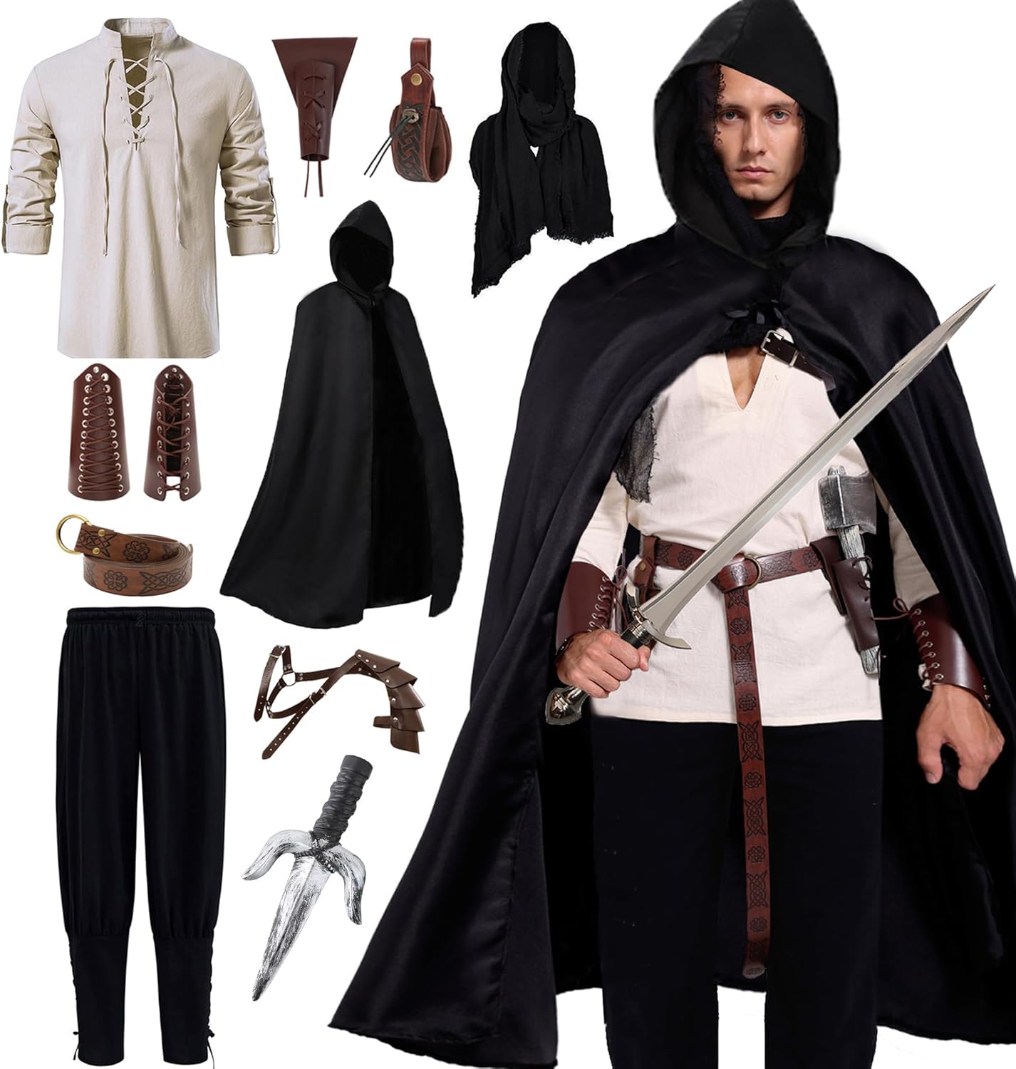 10 Pcs Men Renaissance Costume Set for Pirate and Viking Themes