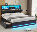 Full Size Bed Frame with Bookcase Headboard and Storage - LED