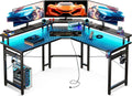 ODK L Shaped Gaming Desk with LED Lights & Power Outlets - Corner PC
