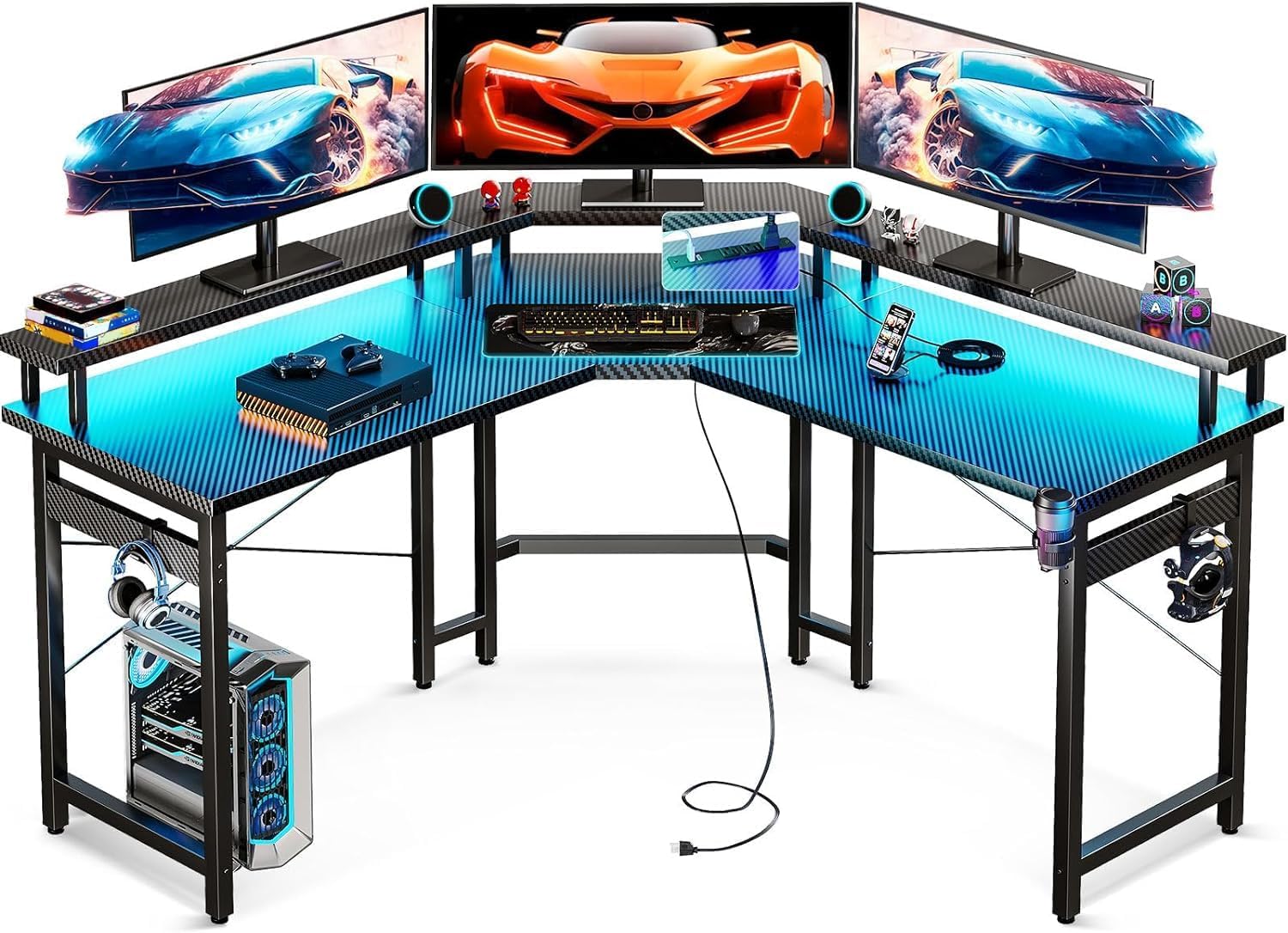 ODK L-Shaped Gaming Desk - LED Lights, Full Monitor Stand