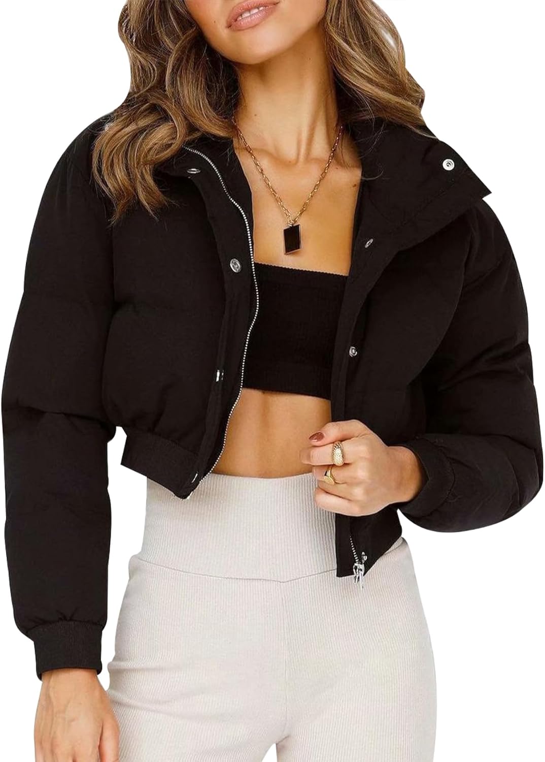 Gihuo Women's Cropped Puffer Jacket for Winter Warmth