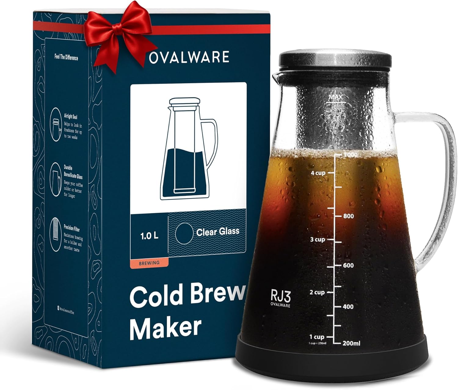 OVALWARE Airtight Cold Brew Iced Coffee Maker for Smooth Taste