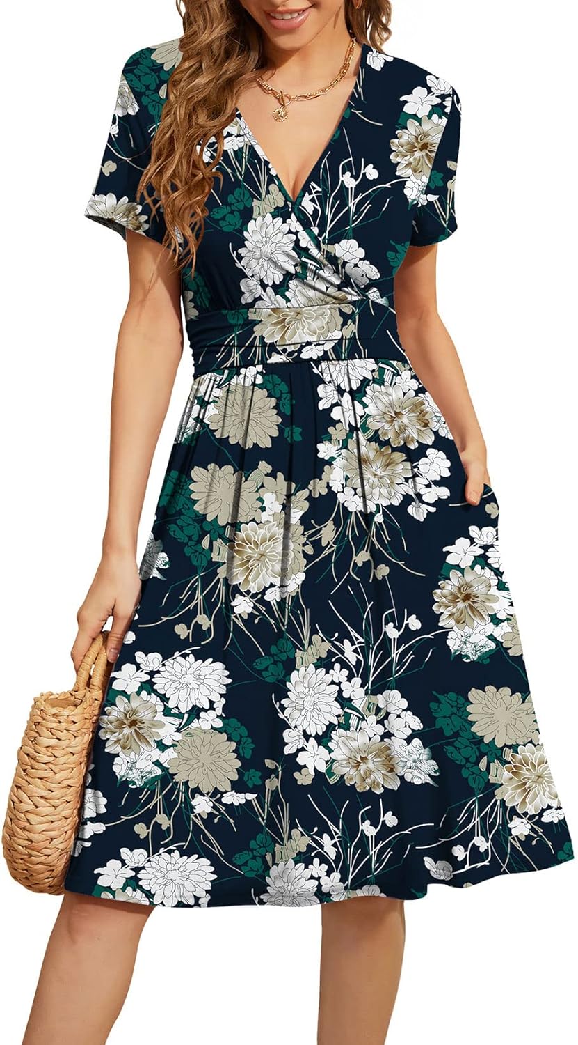 WEACZZY Women's Summer Short Sleeve Casual Floral Dress with Pockets