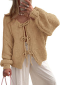Tie Front Bow Cardigan Sweater - Chunky Knit Puff Sleeve Tips