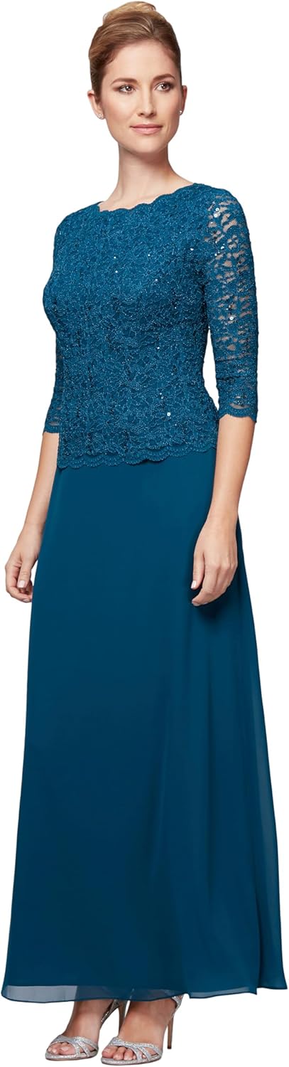 Elegant 3/4 Sleeve Stretch Lace Bodice Mock One Piece Gown