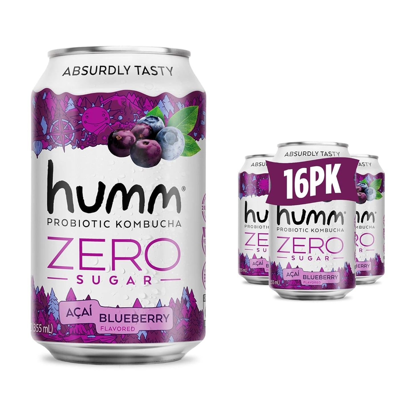 Humm Probiotic Kombucha Zero Sugar Acai Blueberry 16 Pack
