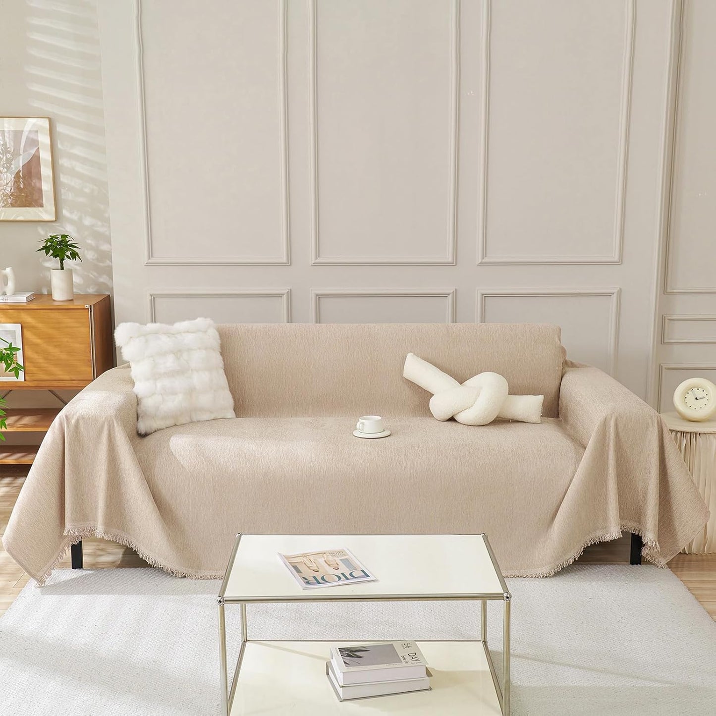 Khaki Sofa Cover for Couch with Non-Knot Tassels - Durable & Soft