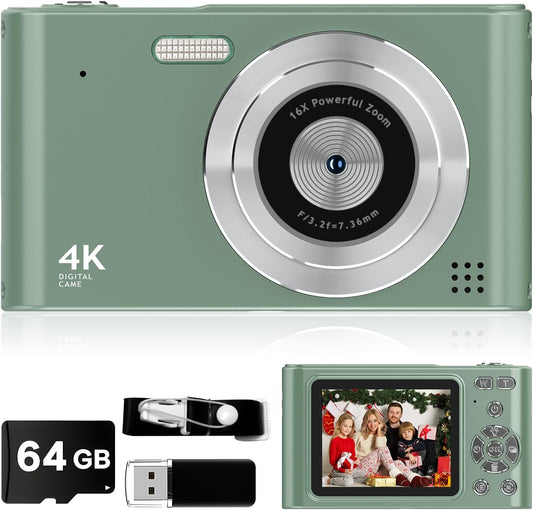 2025 Kids Vlog Camera, 1080P, 64GB Card, 16X Zoom, Anti Shake, 44MP Green Gift
