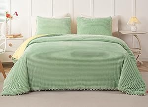 Sage Green Boho Oversize Cal King Comforter Set with Pom Poms