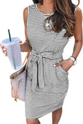 Womens Sleeveless Striped T Shirt Dress - Tie Waist Casual Summer