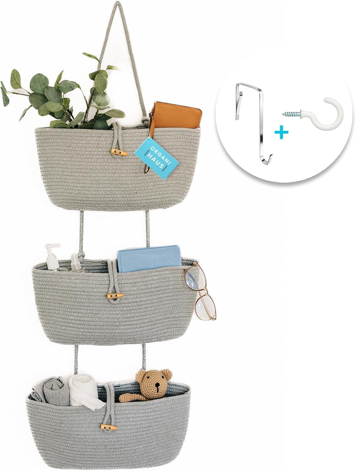OrganiHaus Grey Wall Hanging Storage Basket for Home Organization